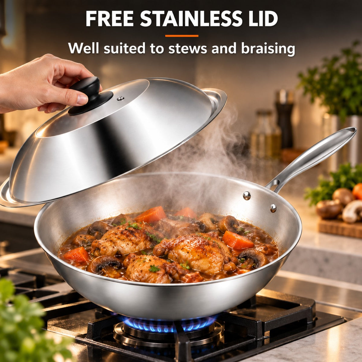 Steel wok, FREE STAINLESS LID: Well suited to stews and braising