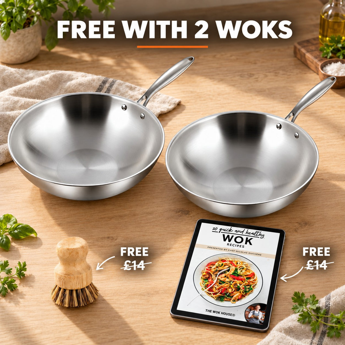 Steel wok, FREE WITH 2 WOKS: bamboo brush (£14), recipe book (£14)