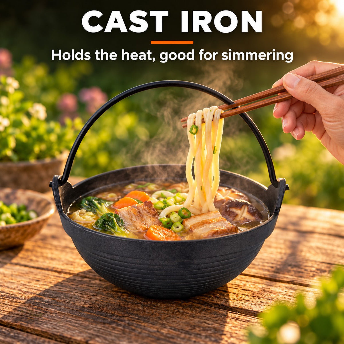 The Barbecue Wok, CAST IRON: Holds the heat, good for simmering