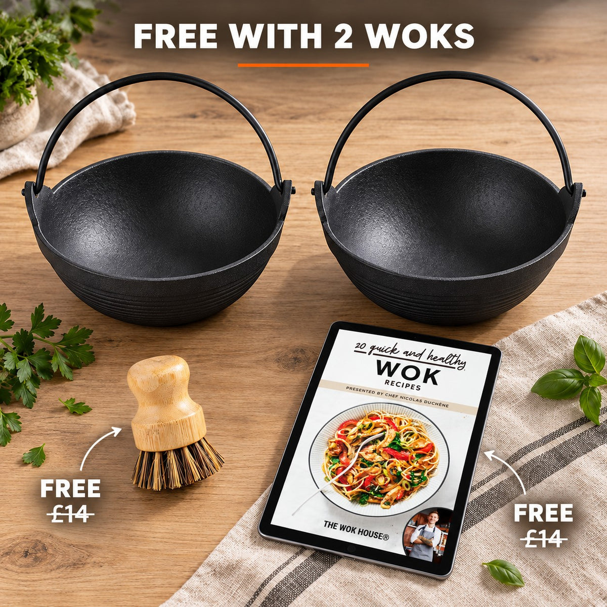 The Barbecue Wok, FREE WITH 2 WOKS: bamboo brush (£14), recipe book (£14)