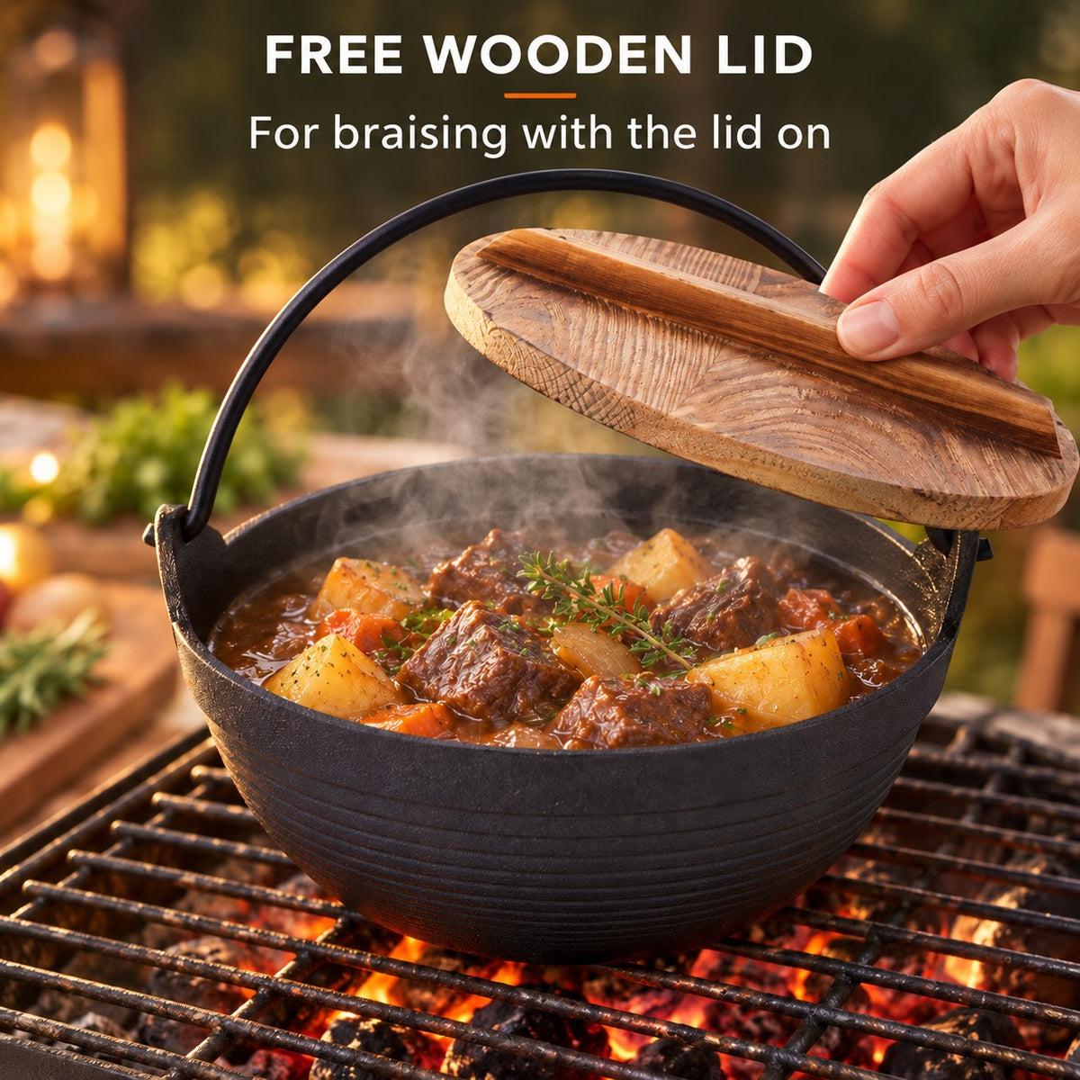 The Barbecue Wok, FREE WOODEN LID: For braising with the lid on