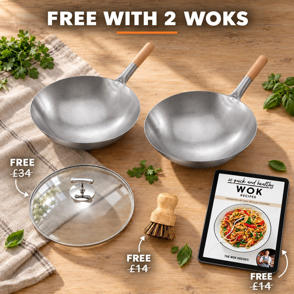 The Benkoa For Gas Hob, FREE WITH 2 WOKS: glass lid (£34), bamboo brush (£14), recipe book (£14)