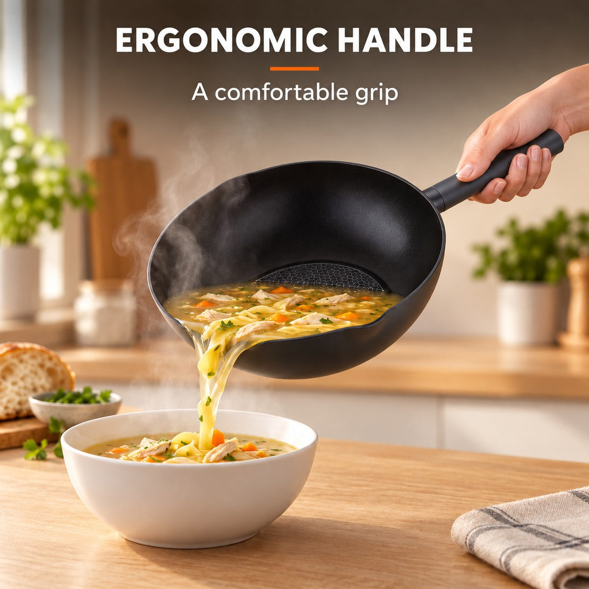 The Caska Induction Wok, ERGONOMIC HANDLE: A comfortable grip