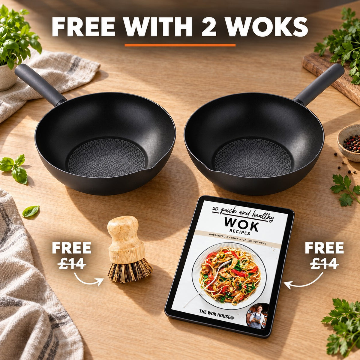 The Caska Induction Wok, FREE WITH 2 WOKS: bamboo brush (£14), recipe book (£14)