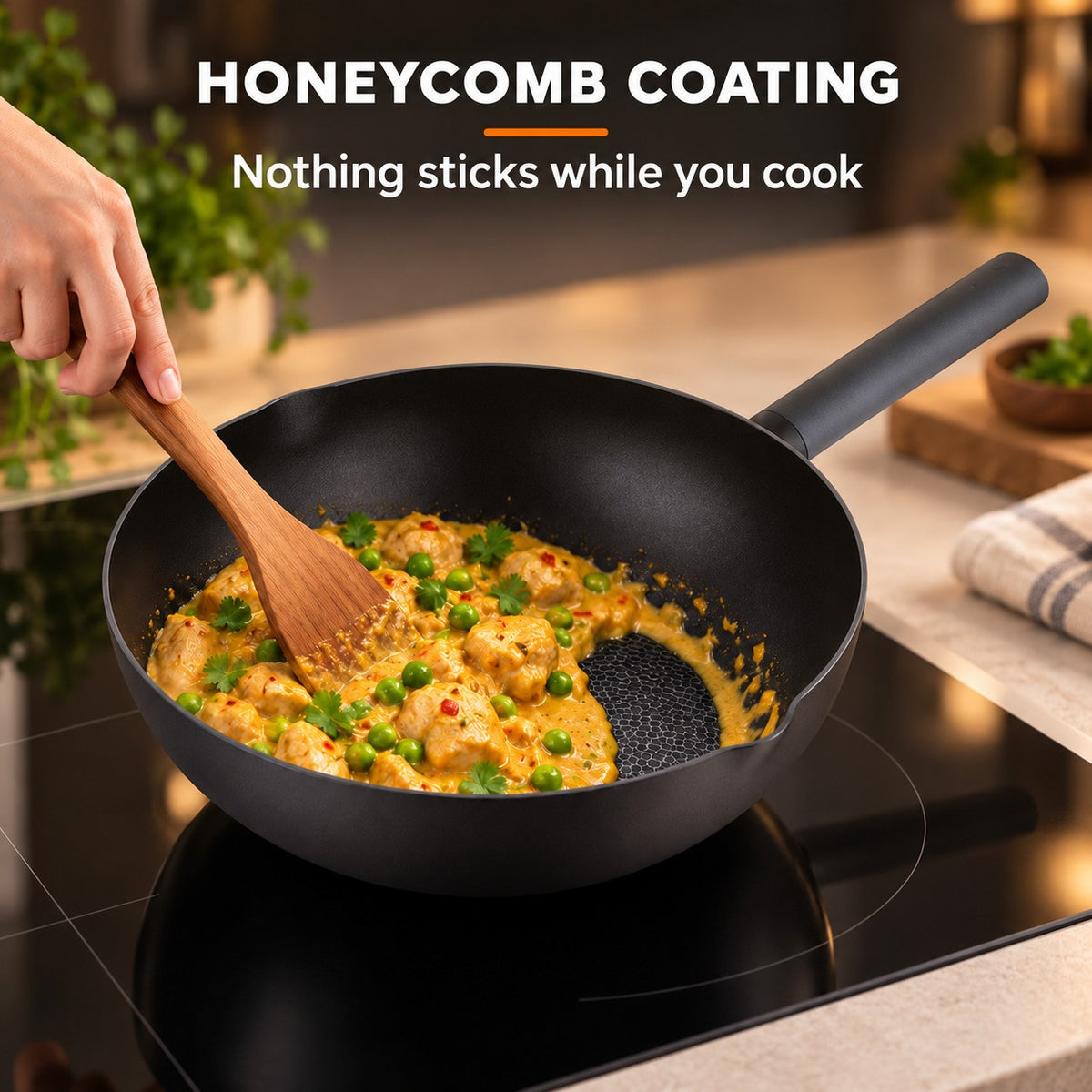 The Caska Induction Wok, HONEYCOMB COATING: Nothing sticks while you cook