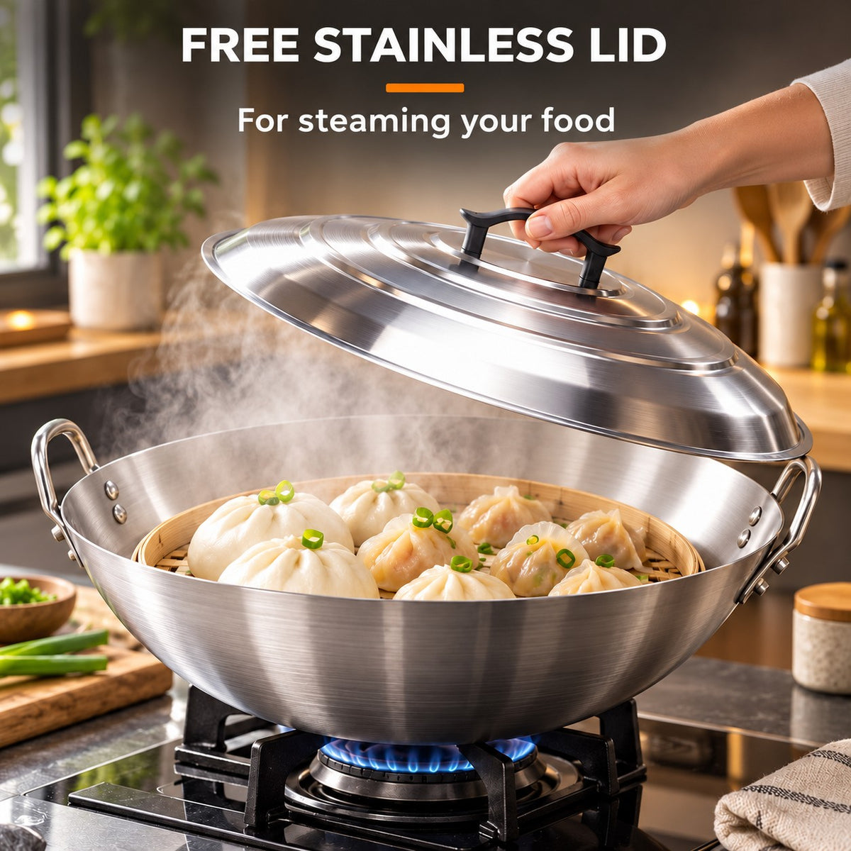 The Curved Yari Wok, FREE STAINLESS LID: For steaming your food