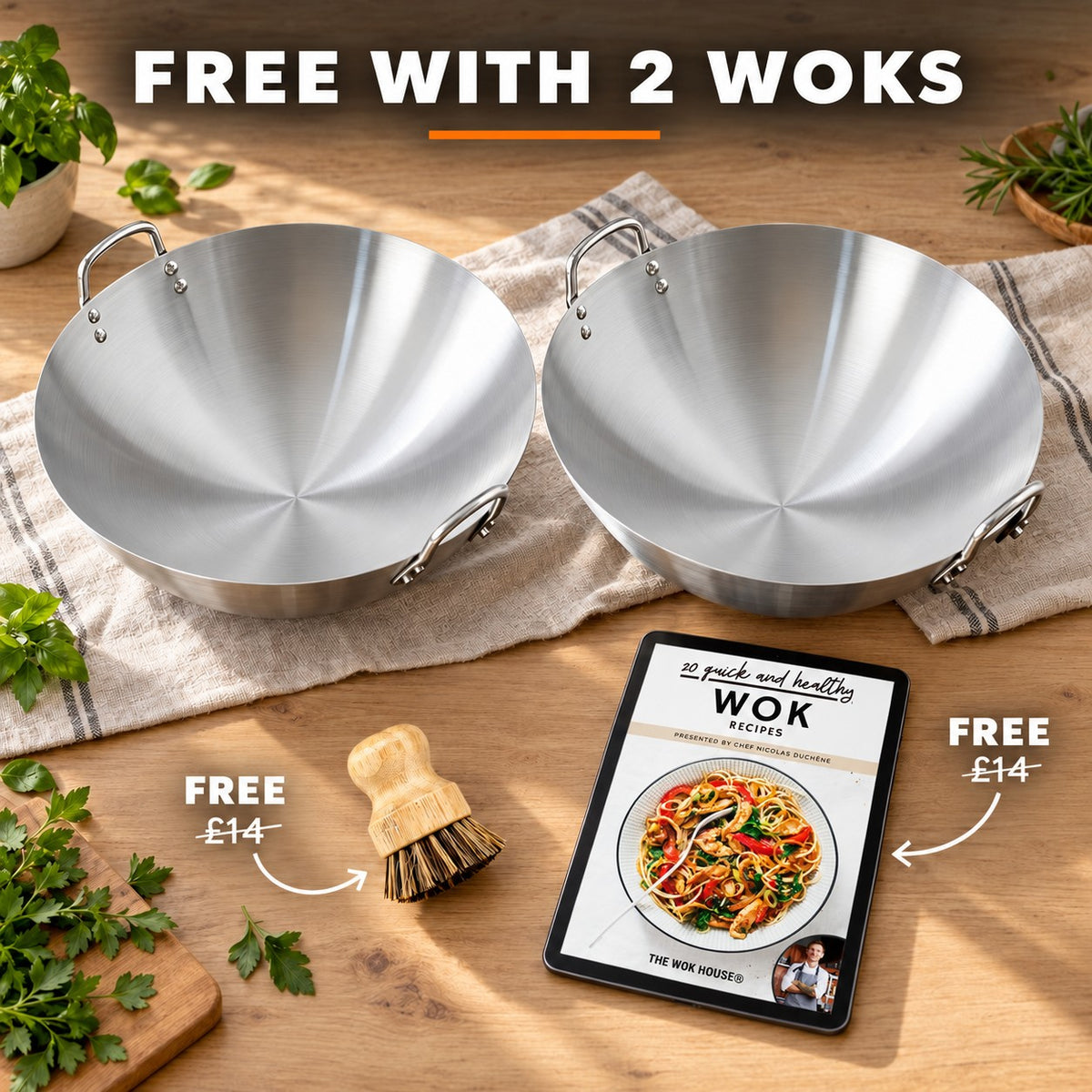 The Curved Yari Wok, FREE WITH 2 WOKS: bamboo brush (£14), recipe book (£14)