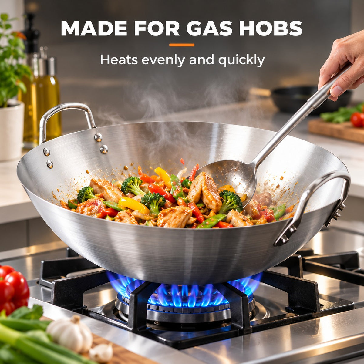 The Curved Yari Wok, MADE FOR GAS HOBS: Heats evenly and quickly