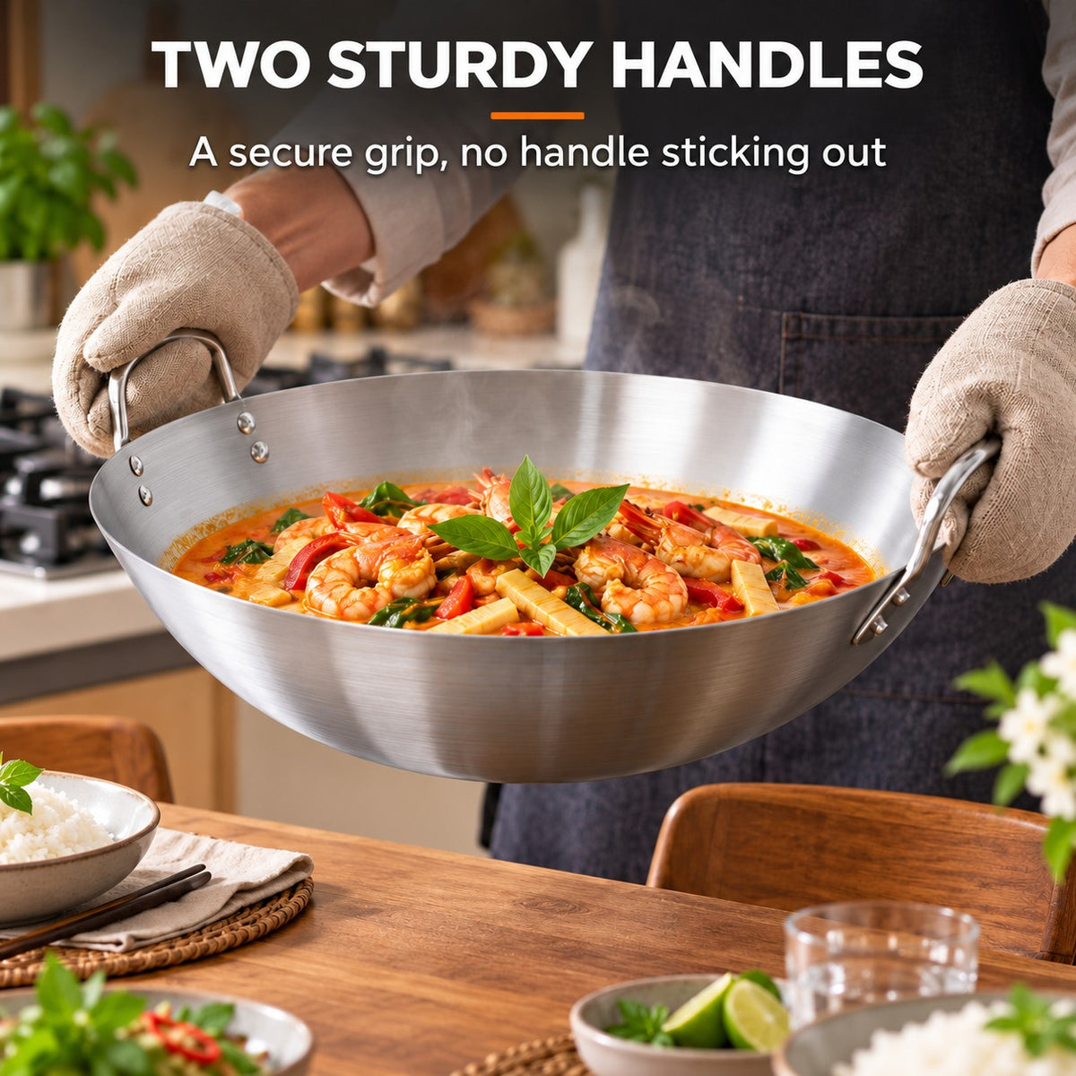The Curved Yari Wok, TWO STURDY HANDLES: A secure grip, no handle sticking out