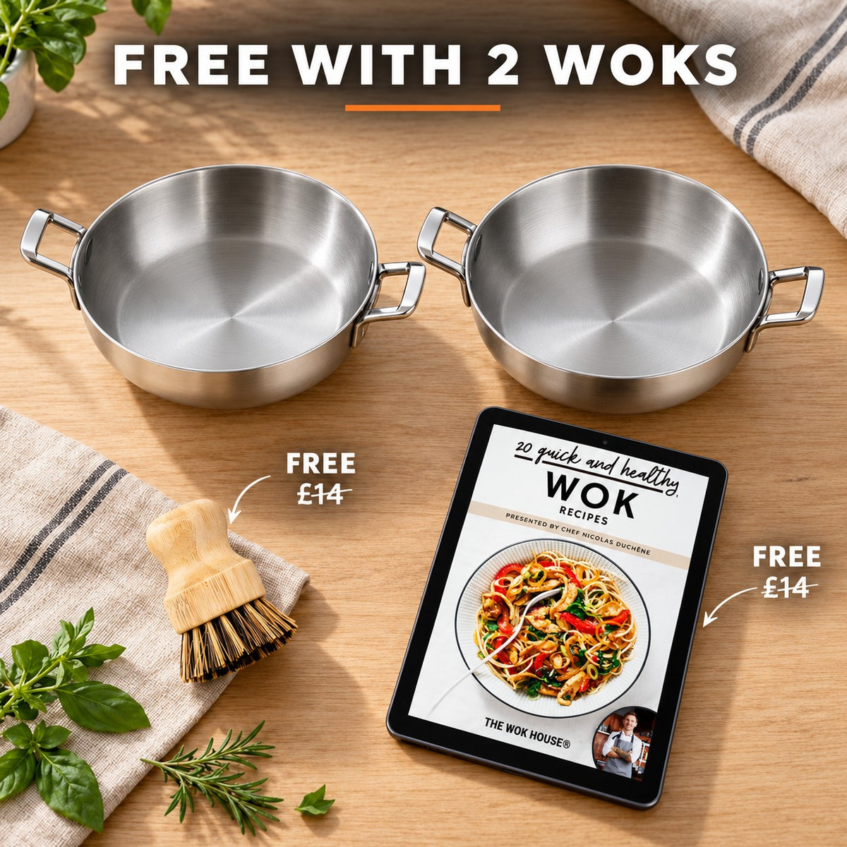 The Daisen Small Wok, FREE WITH 2 WOKS: bamboo brush (£14), recipe book (£14)