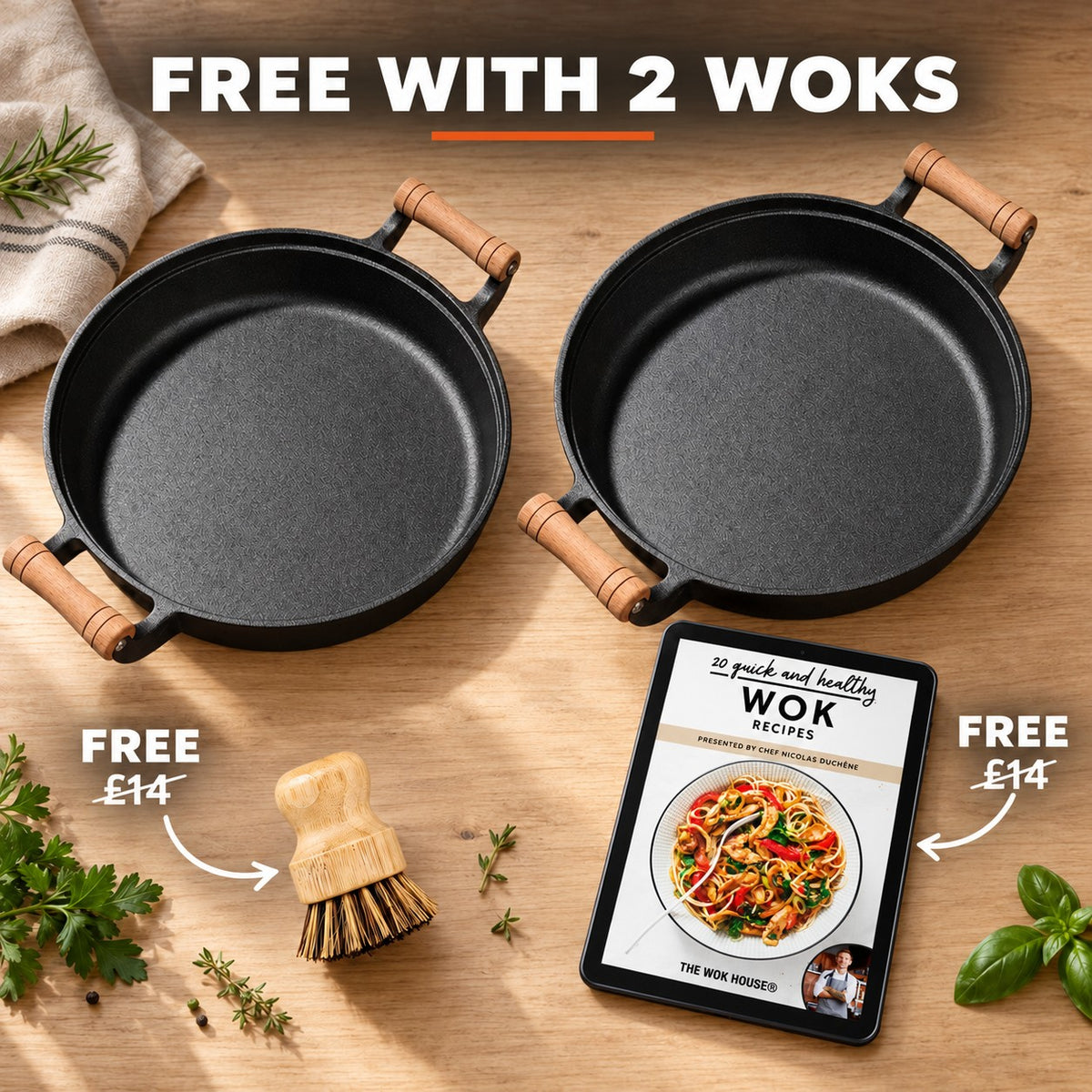 The Gamaksan Barbecue Wok, FREE WITH 2 WOKS: bamboo brush (£14), recipe book (£14)