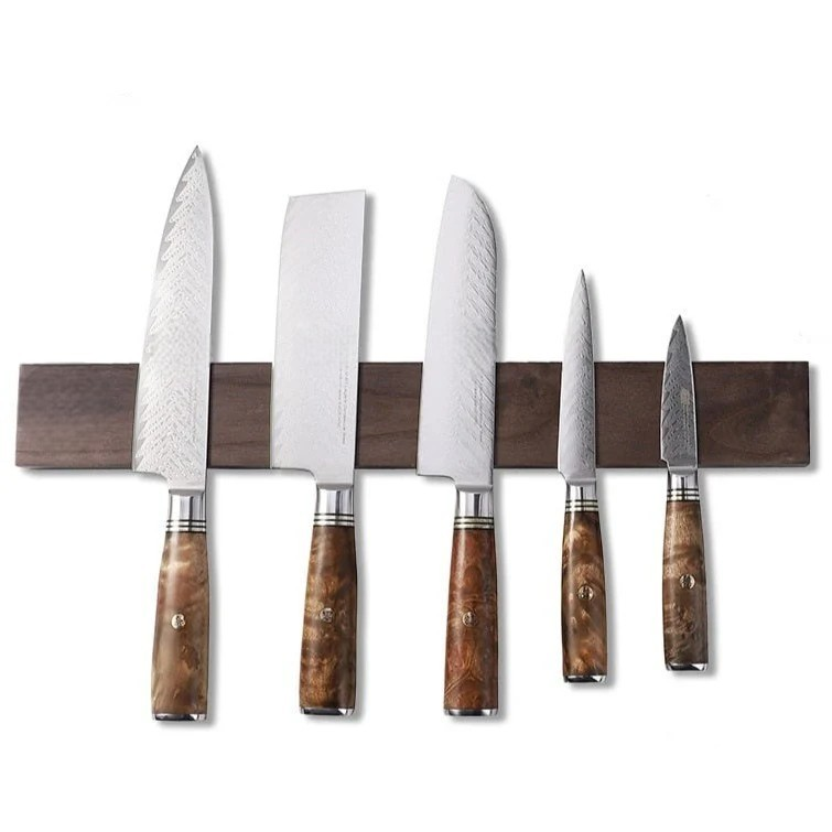 Ginka wall-mounted wooden magnetic knife holder with knives attached