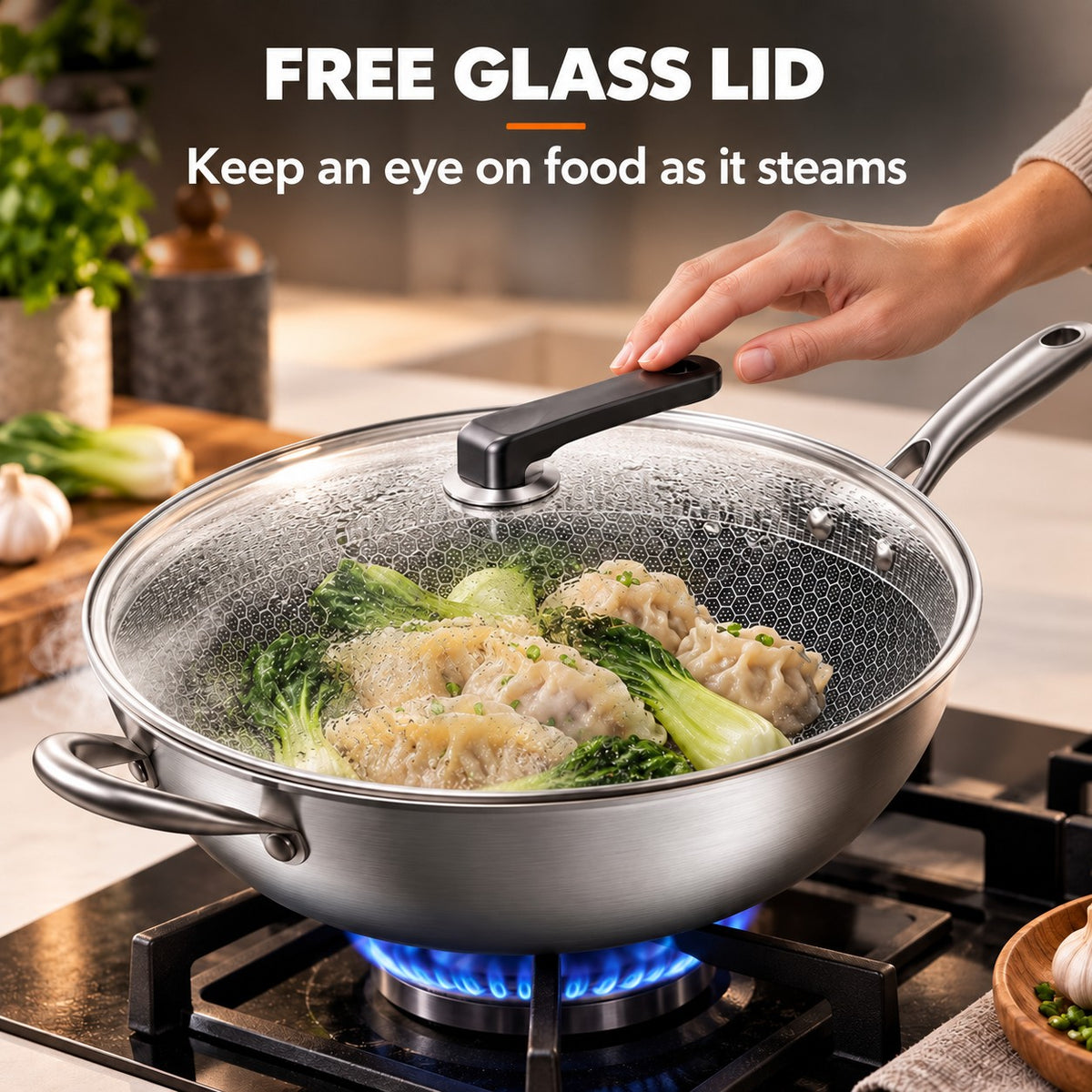 The Hiuchi Ceramic-Coated Wok, FREE GLASS LID: Keep an eye on food as it steams