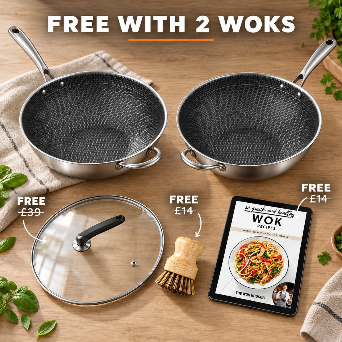 The Hiuchi Ceramic-Coated Wok, FREE WITH 2 WOKS: glass lid (£39), bamboo brush (£14), recipe book (£14)
