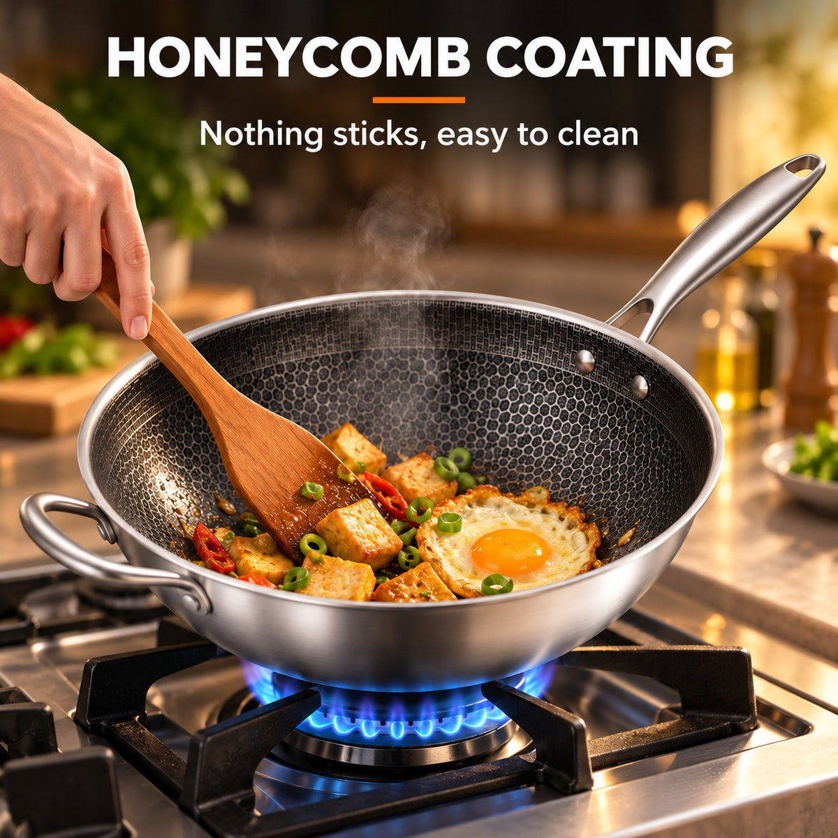 The Hiuchi Ceramic-Coated Wok, HONEYCOMB COATING: Nothing sticks, easy to clean