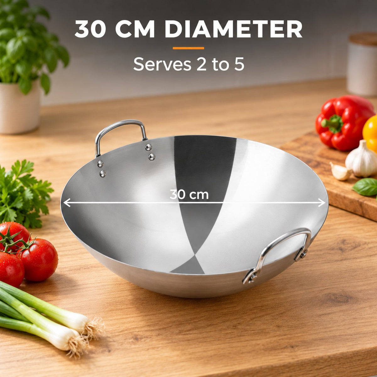 The Hotaka Stainless Steel Wok, 30 CM DIAMETER: Serves 2 to 5