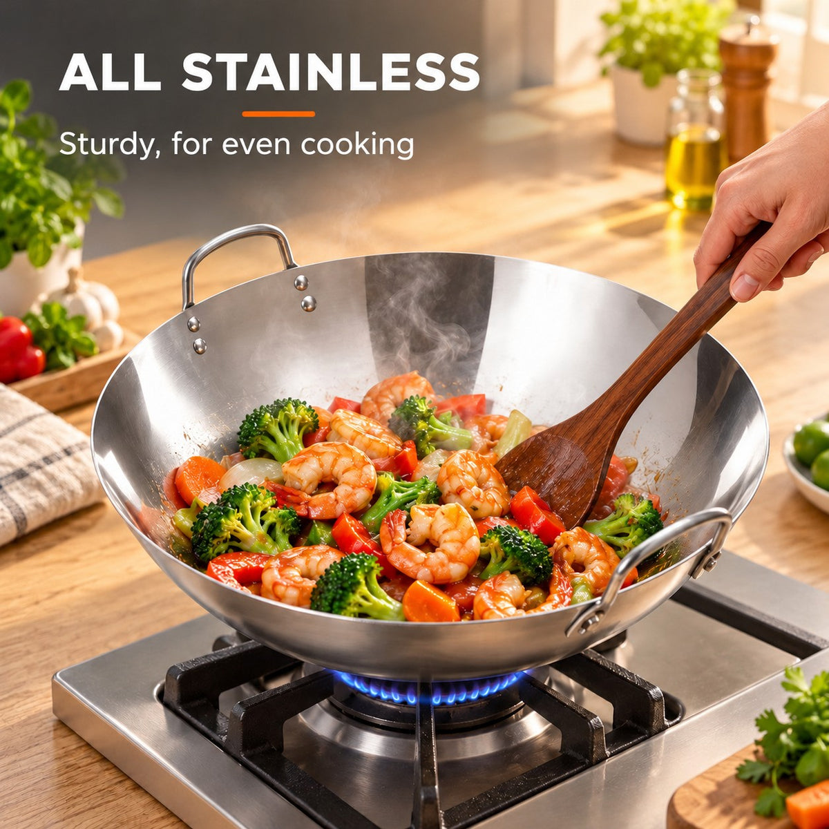 The Hotaka Stainless Steel Wok, ALL STAINLESS: Sturdy, for even cooking