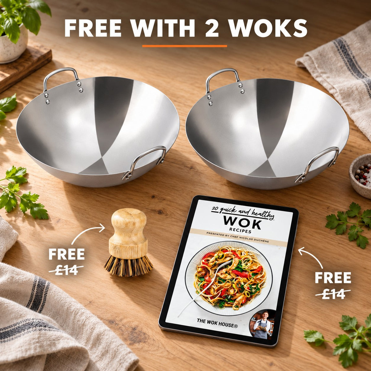 The Hotaka Stainless Steel Wok, FREE WITH 2 WOKS: bamboo brush (£14), recipe book (£14)