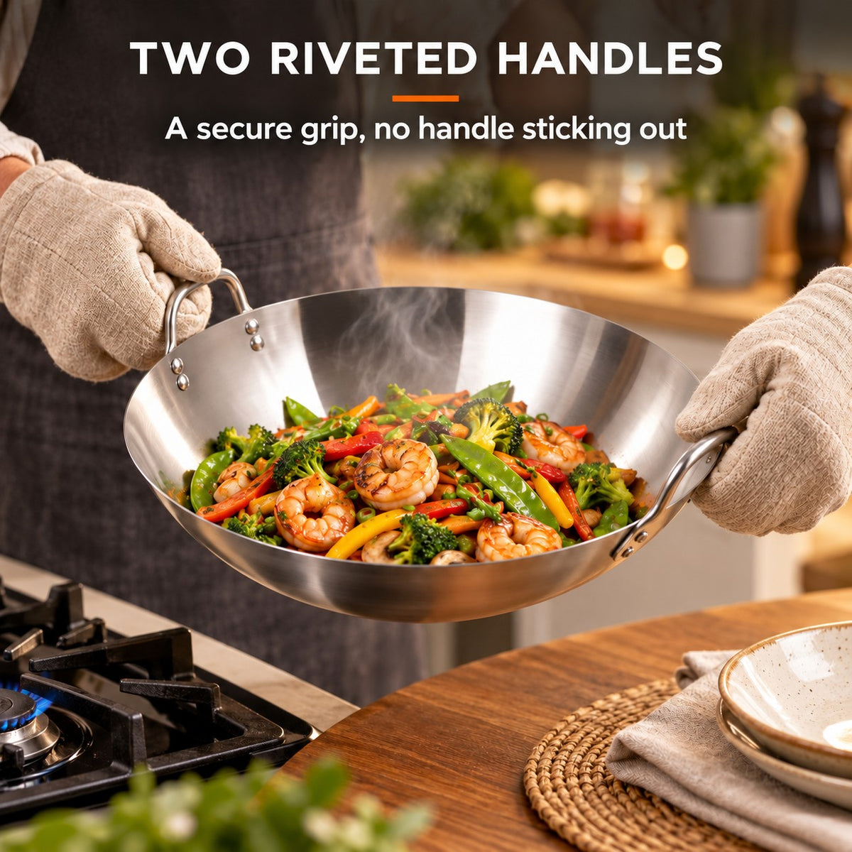 The Hotaka Stainless Steel Wok, TWO RIVETED HANDLES: A secure grip, no handle sticking out
