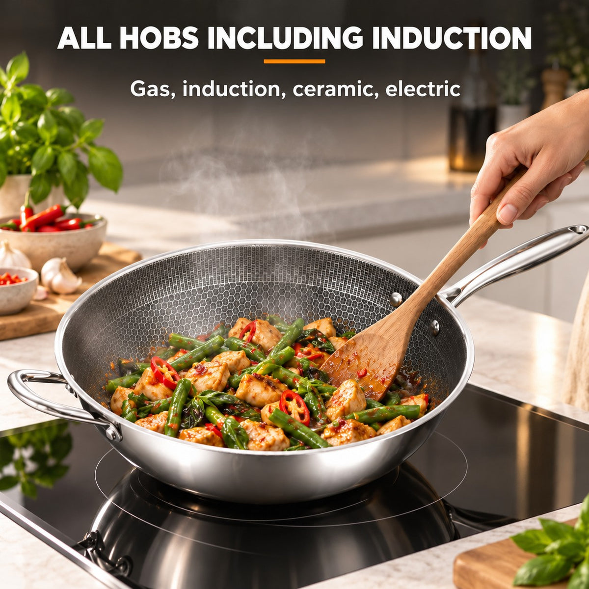 The Iwaki Round-Bottomed Wok, ALL HOBS INCLUDING INDUCTION: Gas, induction, ceramic, electric