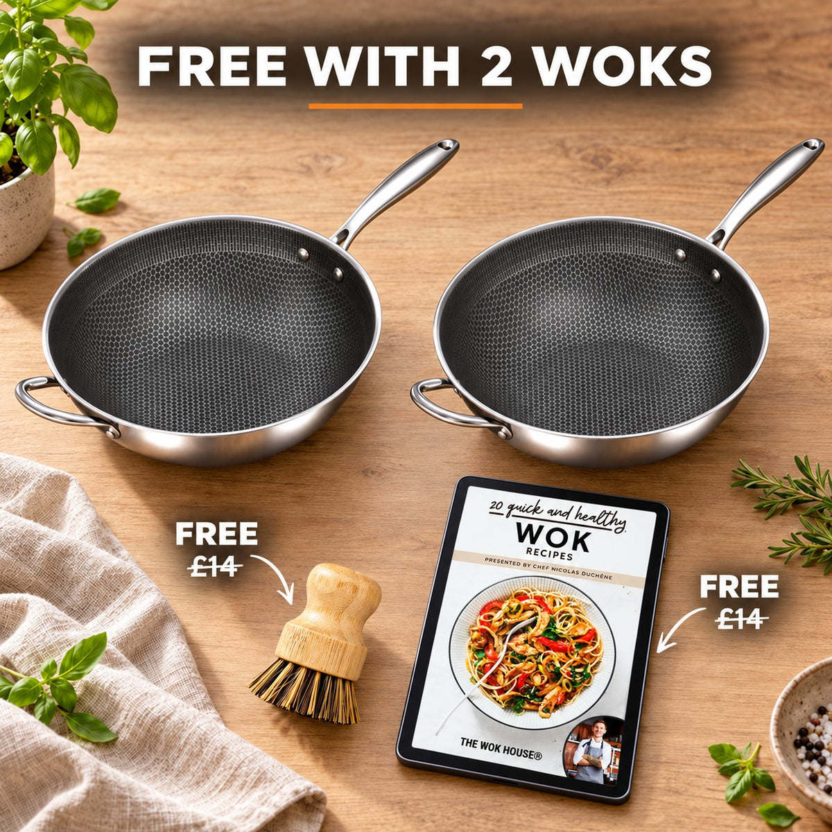 The Iwaki Round-Bottomed Wok, FREE WITH 2 WOKS: bamboo brush (£14), recipe book (£14)
