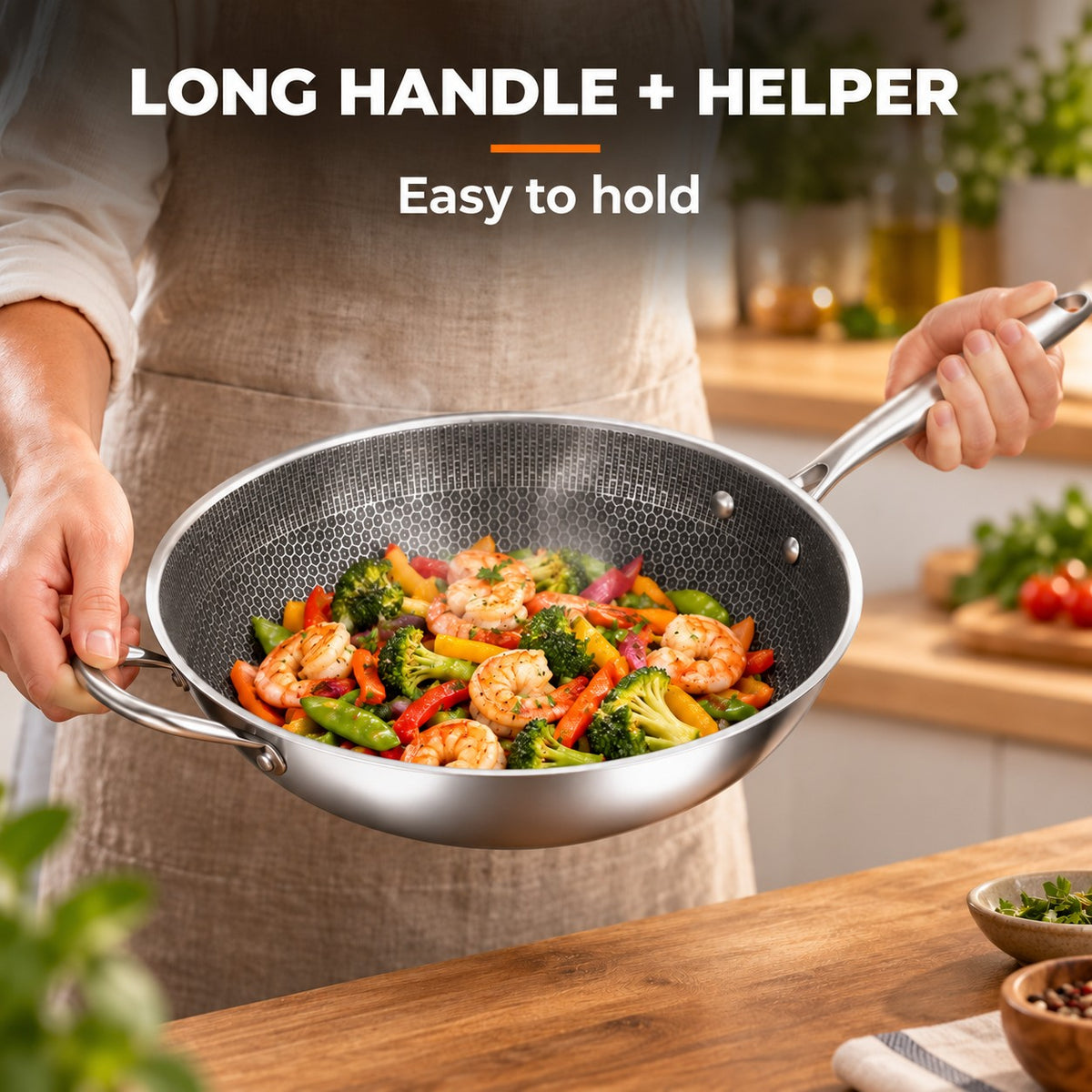 The Iwaki Round-Bottomed Wok, LONG HANDLE + HELPER: Easy to hold