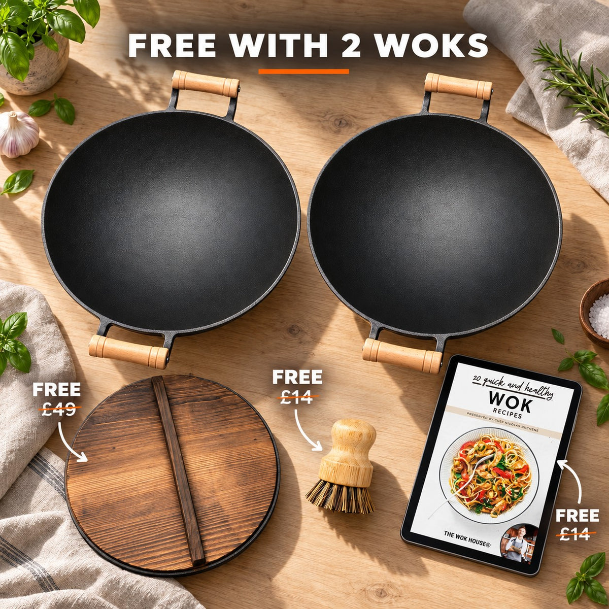 The Jangsan Special Barbecue Wok, FREE WITH 2 WOKS: wooden lid (£49), bamboo brush (£14), recipe book (£14)
