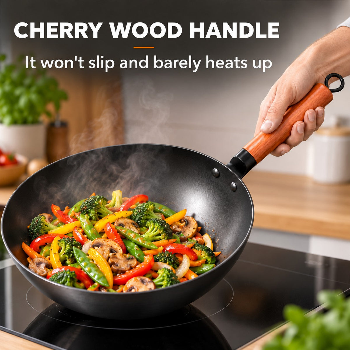 The Kaikoma Wok Pan, CHERRY WOOD HANDLE: It won't slip and barely heats up