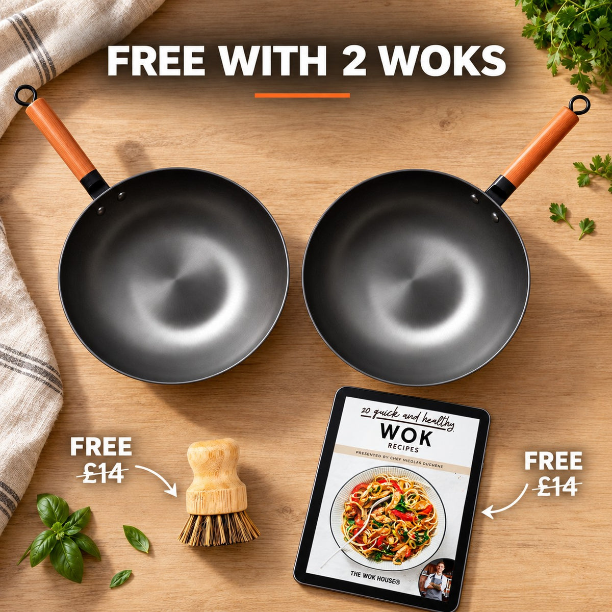 The Kaikoma Wok Pan, FREE WITH 2 WOKS: bamboo brush (£14), recipe book (£14)