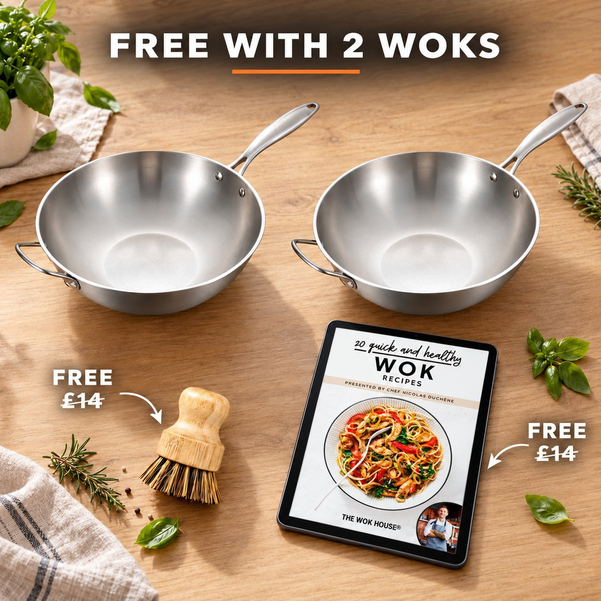 The Kaimon Wok Pan, FREE WITH 2 WOKS: bamboo brush (£14), recipe book (£14)