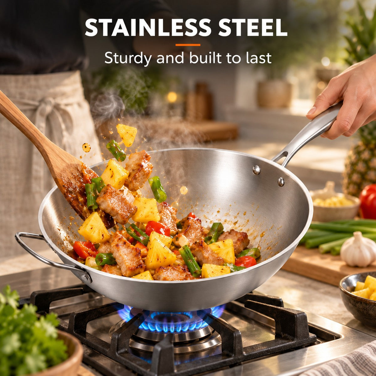 The Kaimon Wok Pan, STAINLESS STEEL: Sturdy and built to last