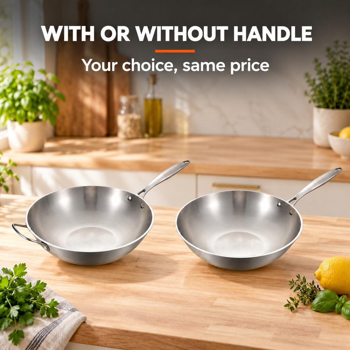 The Kaimon Wok Pan, WITH OR WITHOUT HANDLE: Your choice, same price