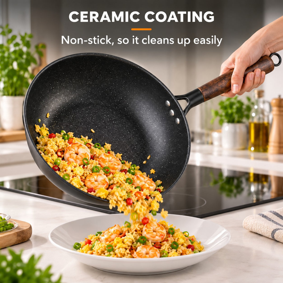 The Kosanji Carbon Steel Wok, CERAMIC COATING: Non-stick, so it cleans up easily