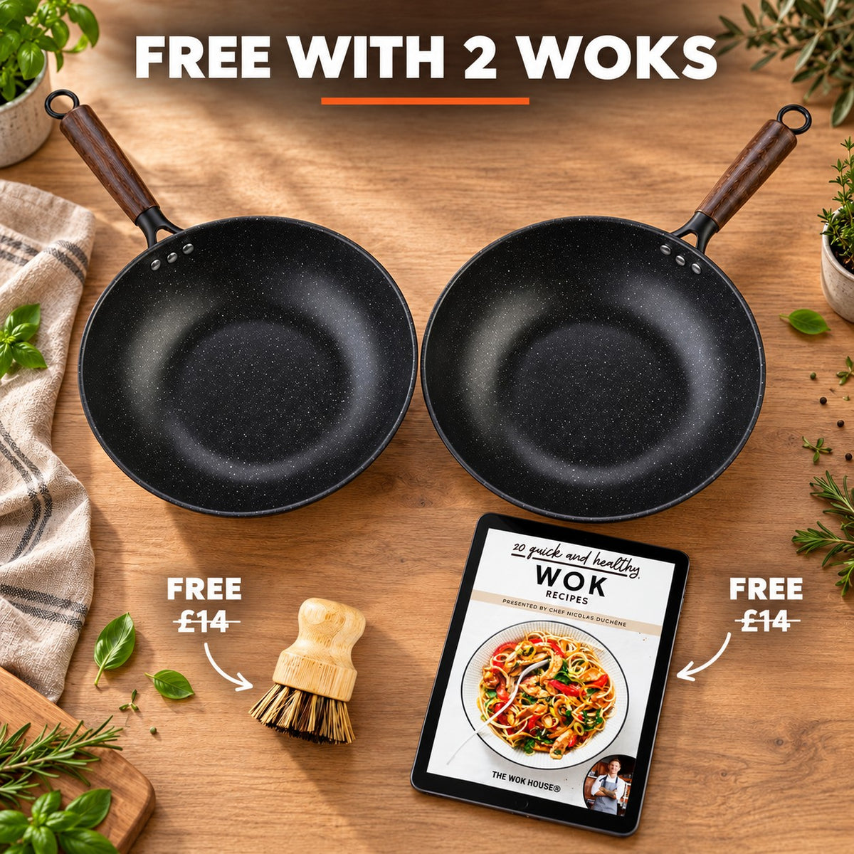 The Kosanji Carbon Steel Wok, FREE WITH 2 WOKS: bamboo brush (£14), recipe book (£14)