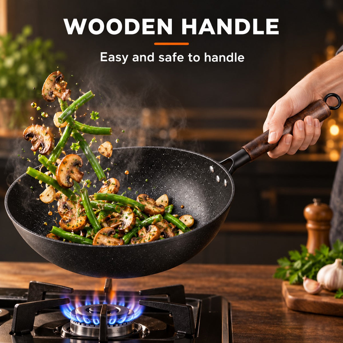 The Kosanji Carbon Steel Wok, WOODEN HANDLE: Easy and safe to handle