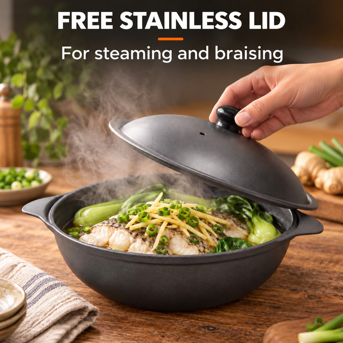 The Maisan Wok Barbecue Cooker, FREE STAINLESS LID: For steaming and braising