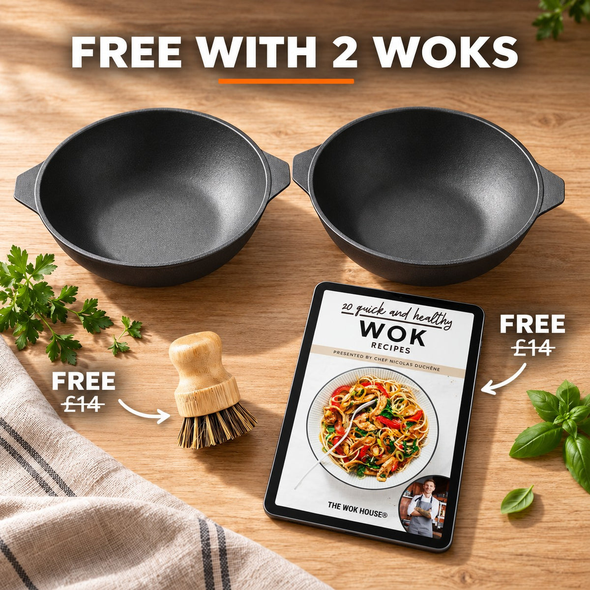 The Maisan Wok Barbecue Cooker, FREE WITH 2 WOKS: bamboo brush (£14), recipe book (£14)
