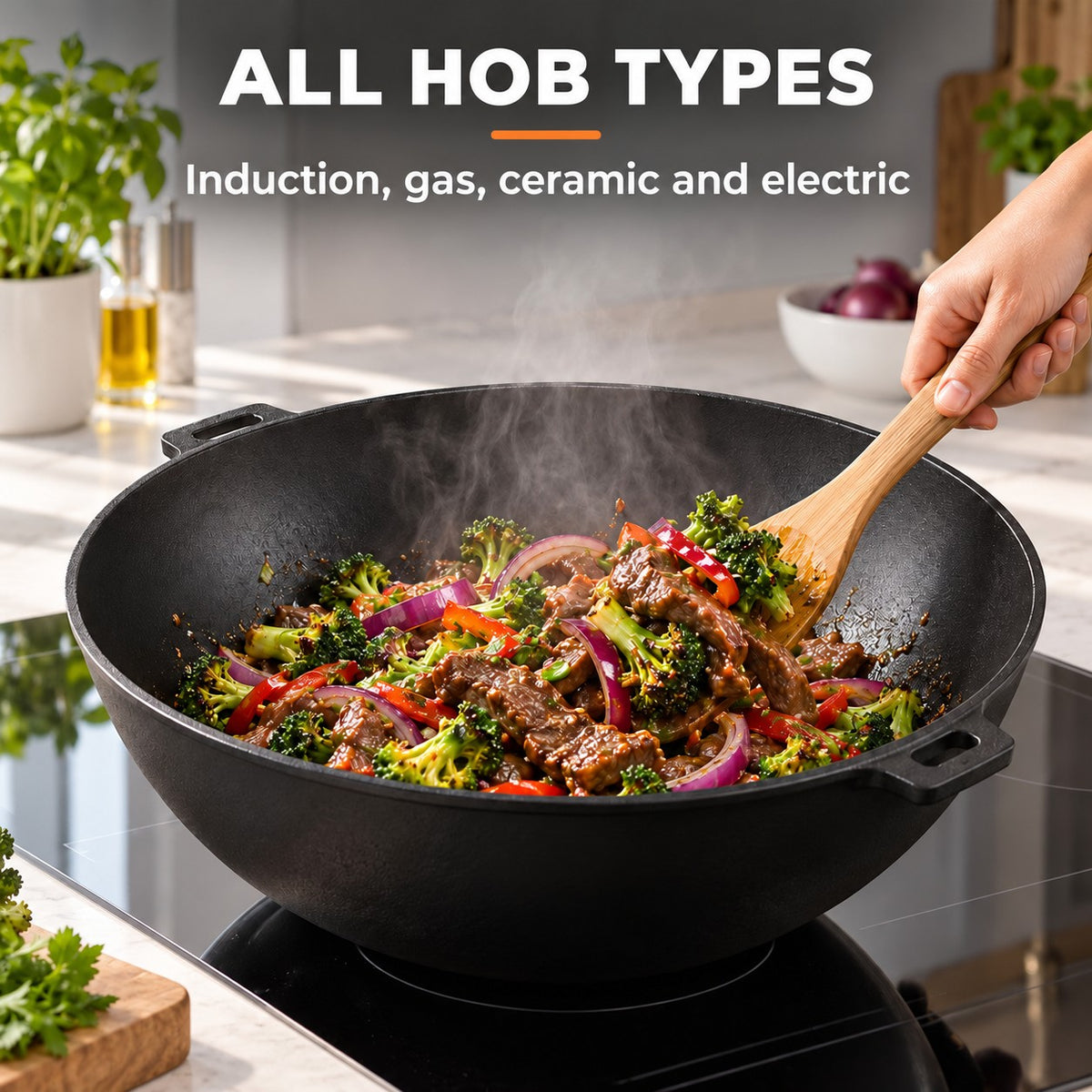 The Manaka Wok with Lid, ALL HOB TYPES: Induction, gas, ceramic and electric