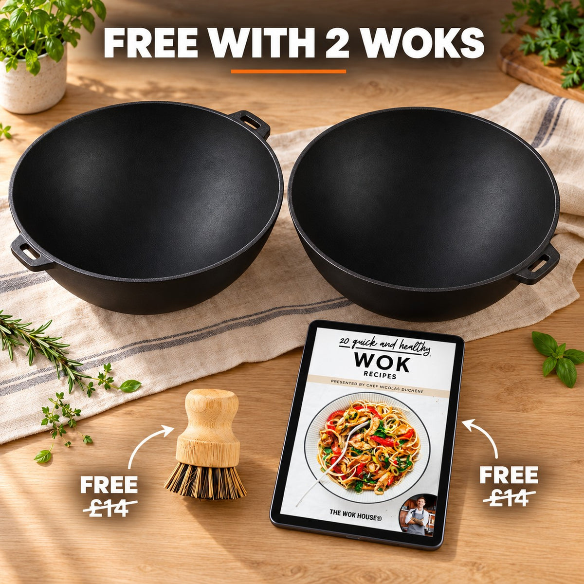 The Manaka Wok with Lid, FREE WITH 2 WOKS: bamboo brush (£14), recipe book (£14)