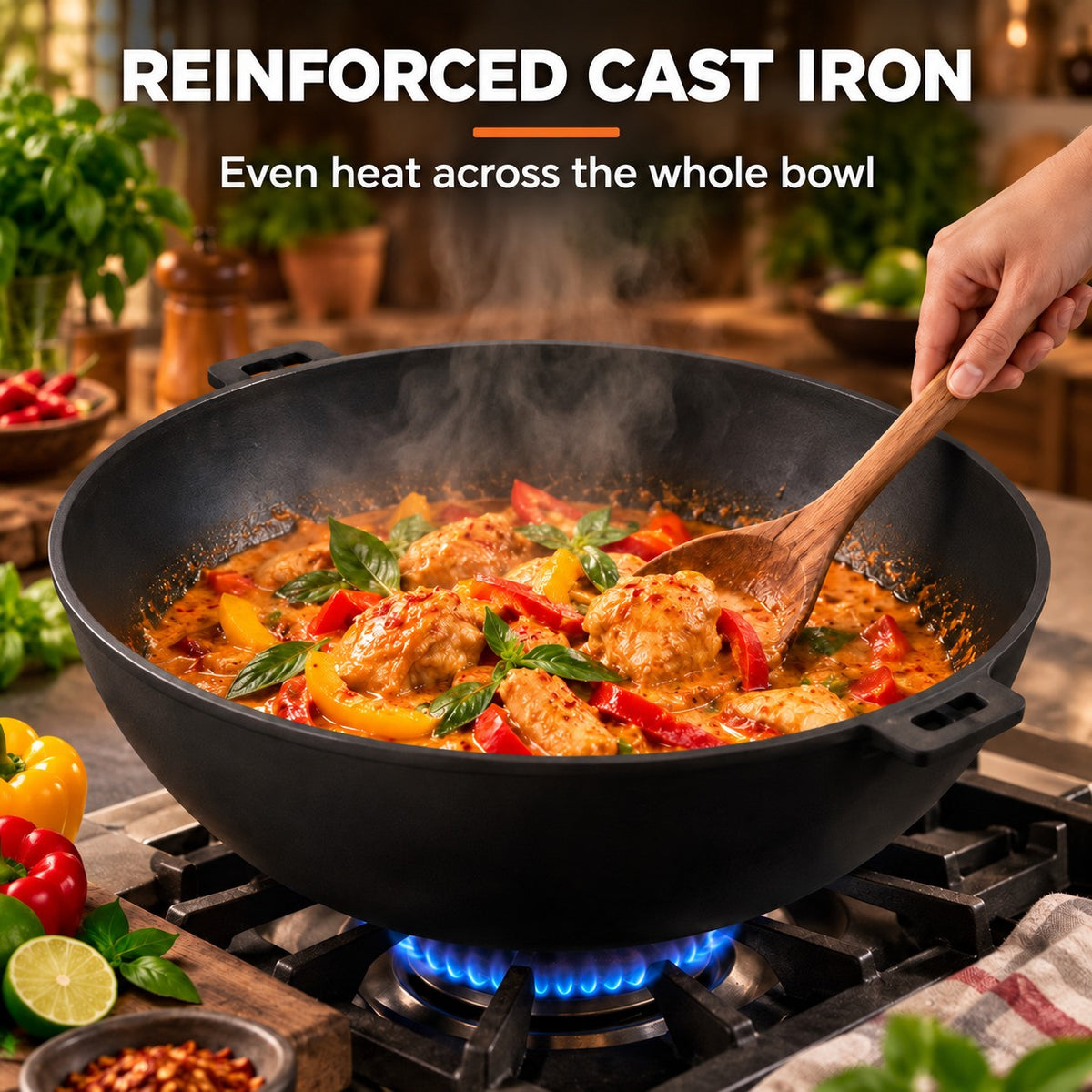 The Manaka Wok with Lid, REINFORCED CAST IRON: Even heat across the whole bowl