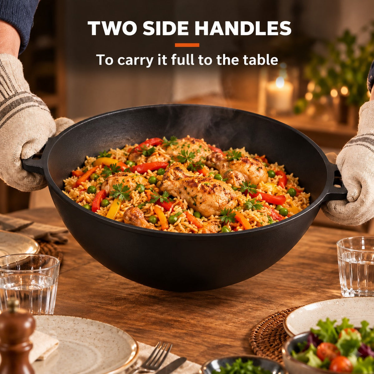 The Manaka Wok with Lid, TWO SIDE HANDLES: To carry it full to the table
