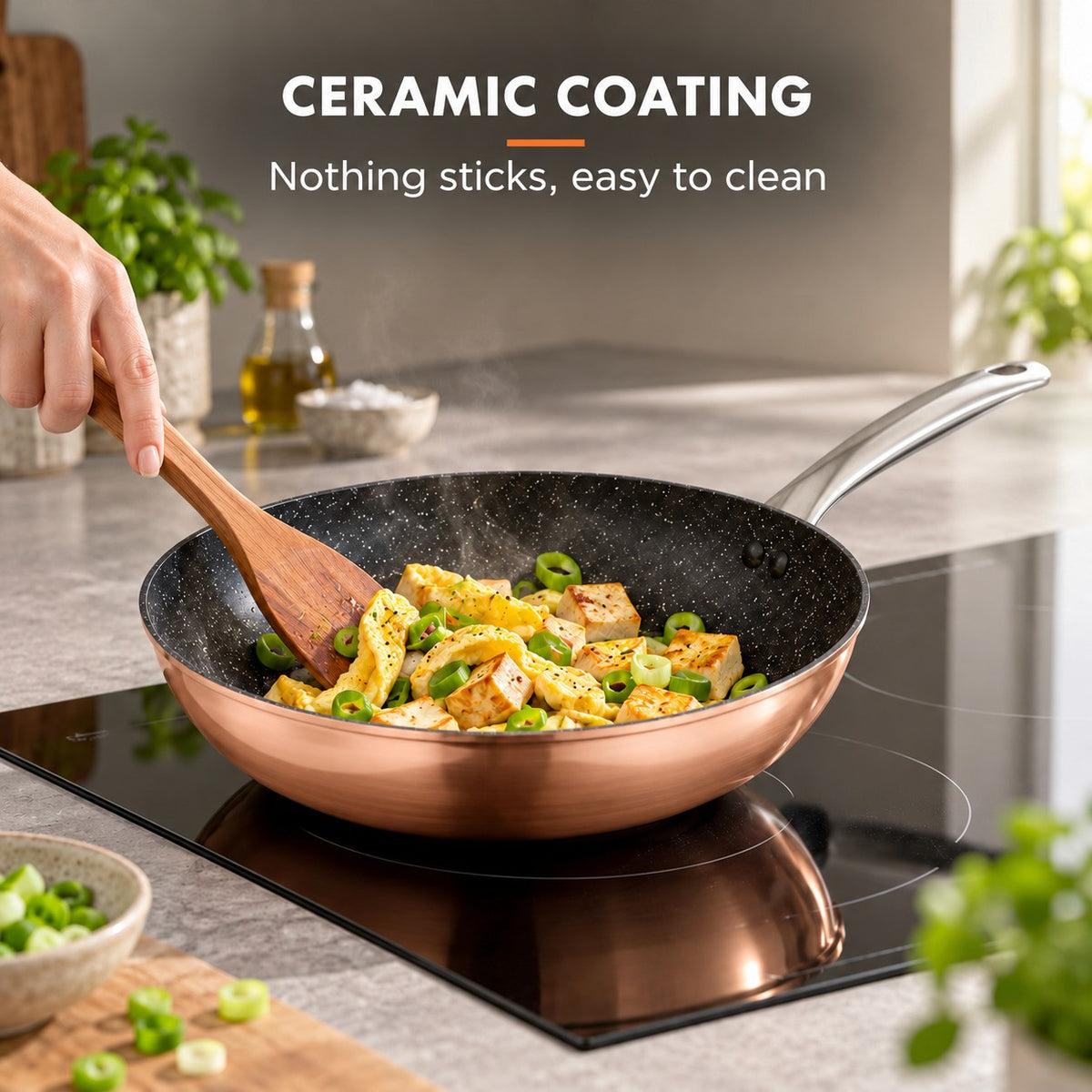 The Monska Professional Wok, CERAMIC COATING: Nothing sticks, easy to clean