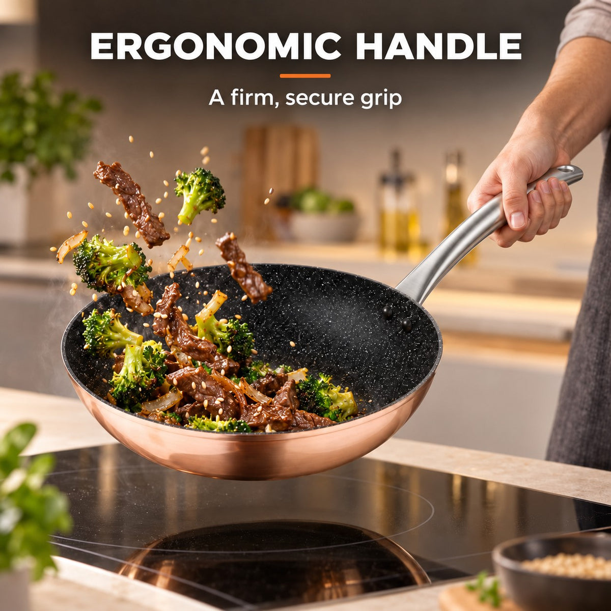 The Monska Professional Wok, ERGONOMIC HANDLE: A firm, secure grip