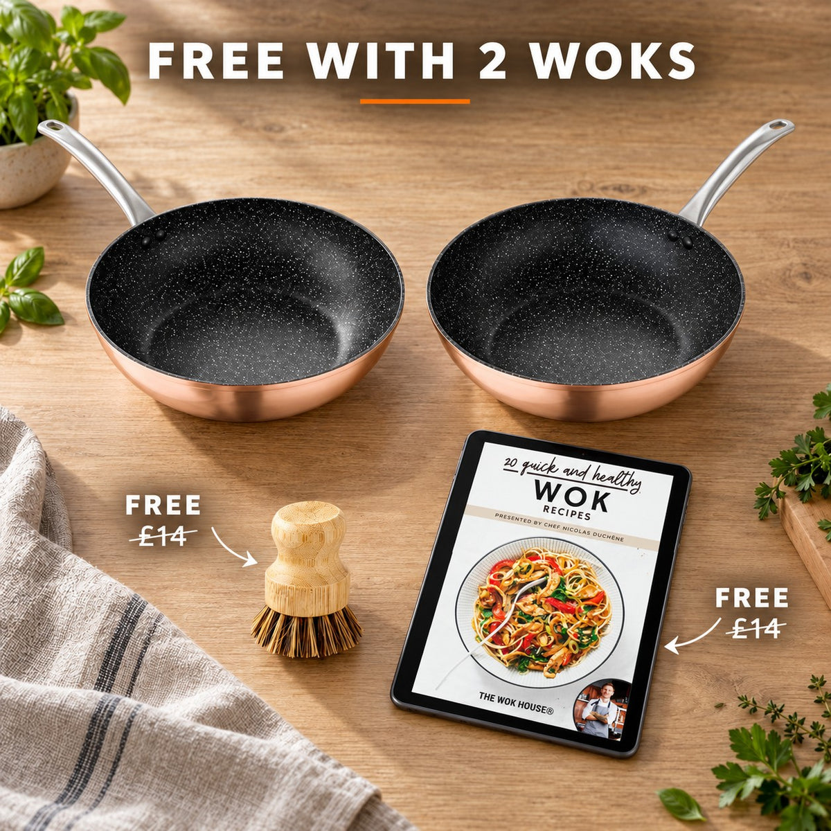 The Monska Professional Wok, FREE WITH 2 WOKS: bamboo brush (£14), recipe book (£14)