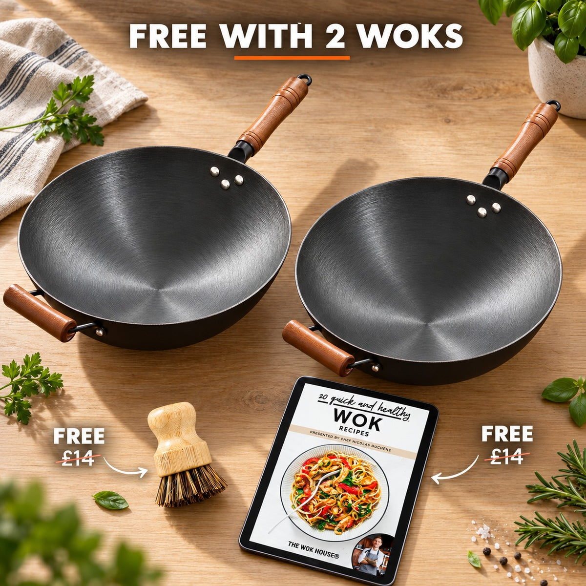 The Namsan Wok Gas Barbecue, FREE WITH 2 WOKS: bamboo brush (£14), recipe book (£14)