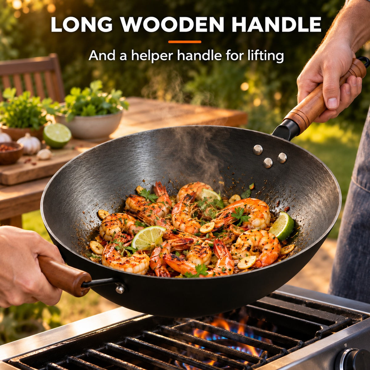 The Namsan Wok Gas Barbecue, LONG WOODEN HANDLE: And a helper handle for lifting
