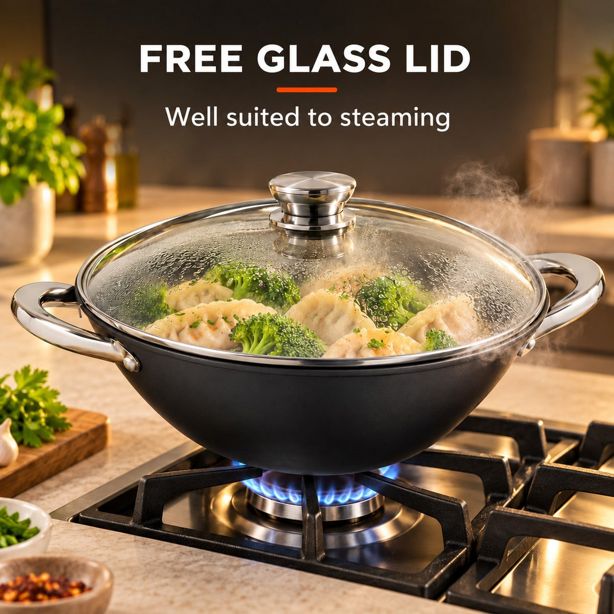 The Nantai Handle-less Wok Pan, FREE GLASS LID: Well suited to steaming