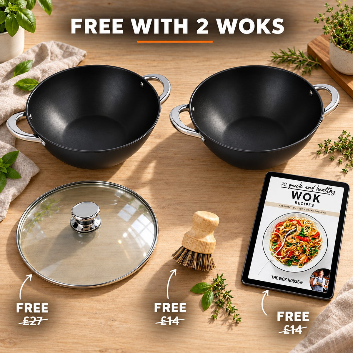 The Nantai Handle-less Wok Pan, FREE WITH 2 WOKS: glass lid (£27), bamboo brush (£14), recipe book (£14)