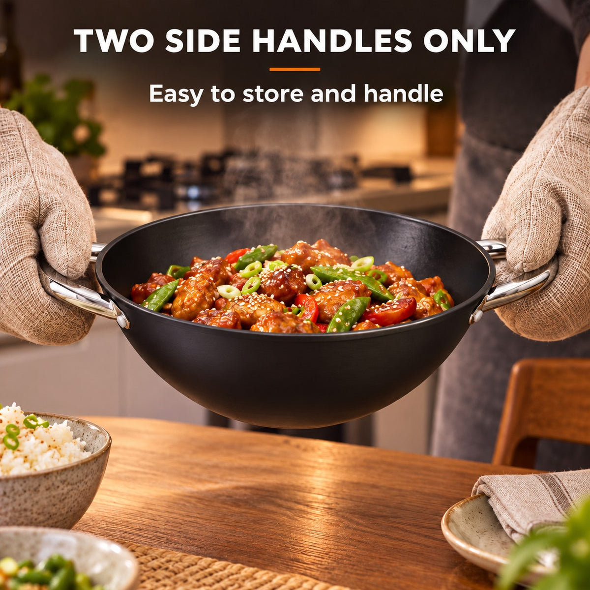 The Nantai Handle-less Wok Pan, TWO SIDE HANDLES ONLY: Easy to store and handle