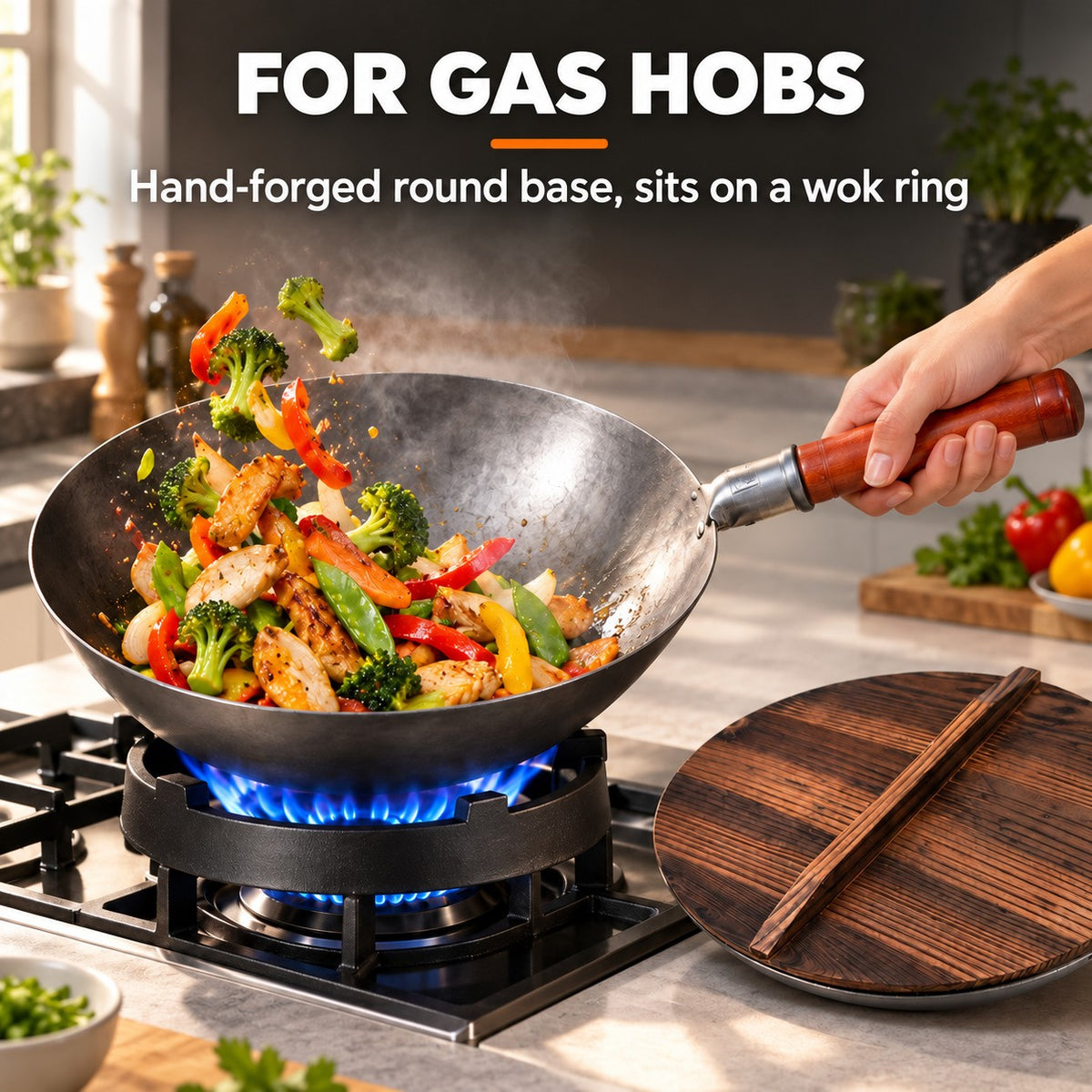 The Nasu Carbon Steel Wok, FOR GAS HOBS: Hand-forged round base, sits on a wok ring